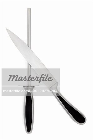 Stainless steel carving knife and sharpener, over white background.