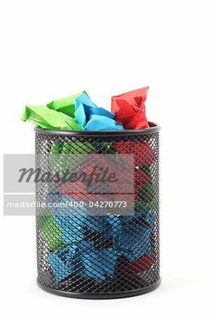 trash or rubbish paper in basket isolated on white background