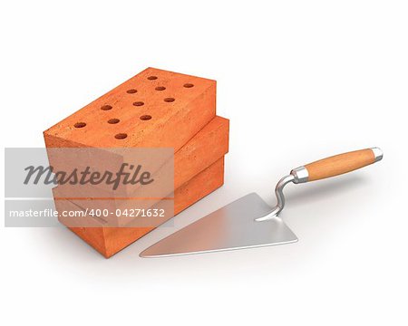 Bricks and trowel isolated on white background