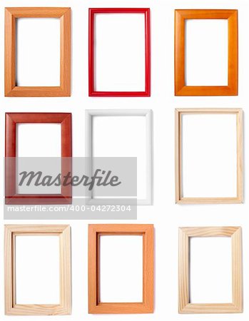 collection of wooden frames on white background. each one is in full camera resolution