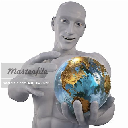 man holding a globe. with clipping path.