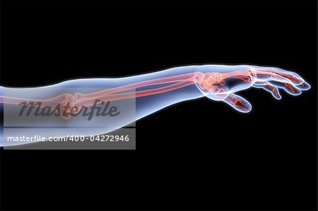 human hand under X-rays. bones are highlighted in red.