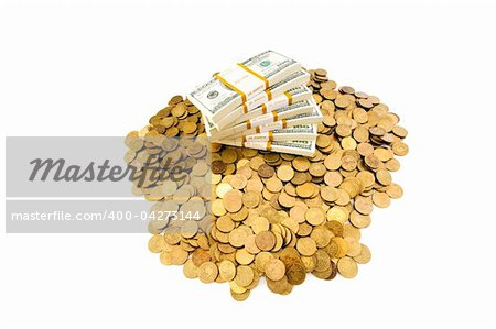 Dollars and coins isolated on the white background