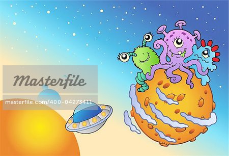 Spacescape with three cute aliens - vector illustration.