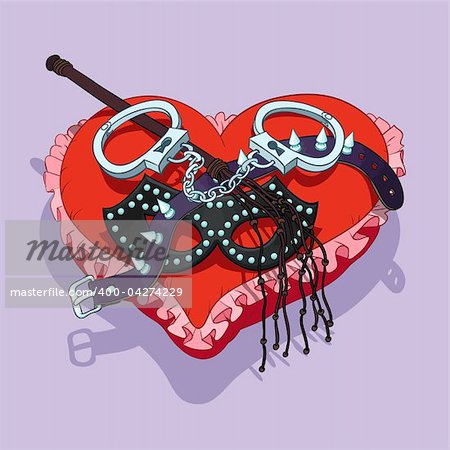 Valentine's Day BDSM gift: mask, handcuffs, lash and collar are placed on the red heart shaped pad