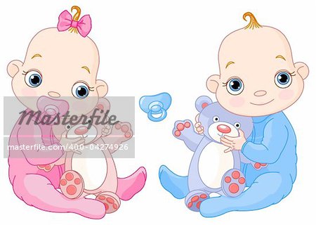 Illustration of Cute twins with toys. You can easily add or remove the pacifier to each of them