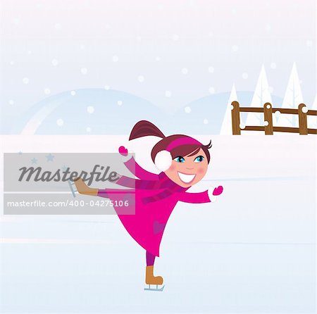 Vector illustration of little Girl training Ice figure skating.