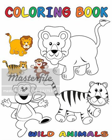 Wild animals coloring book - outlined and colored objects