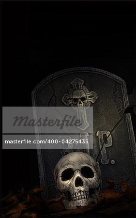 Spooky tombstone with skull on black background