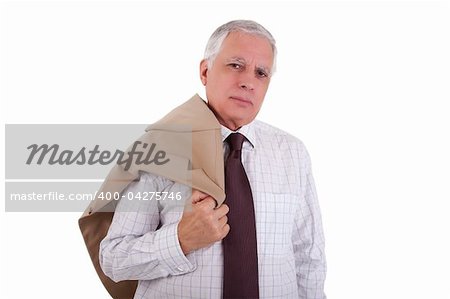 Portrait of a handsome mature businessman, holding the coat, on white background, studio shot