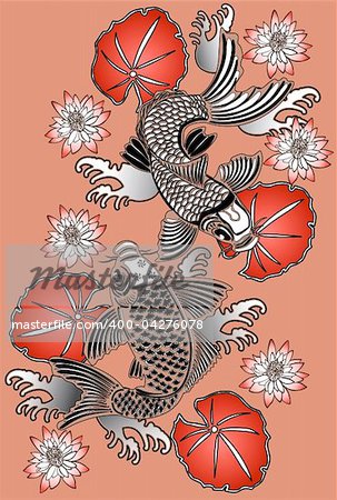 Vector illustration of Koi fishes in traditional Japanese ink style