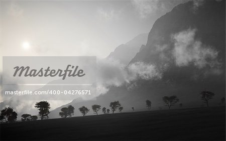 An image of a beautiful landscape with fog