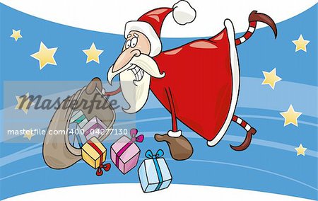 cartoon illustration of flying santa claus with sack of gifts