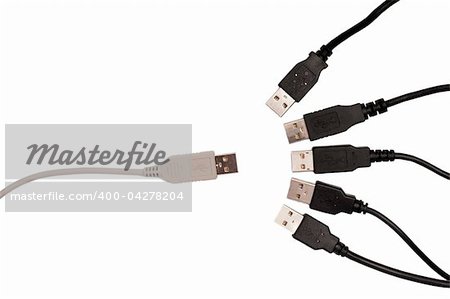 Grey usb cable facing five black usb cables  isolated on  white background