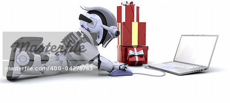 3D render of a robot shopping for gifts on a computer