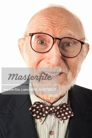Expressive Senior Man with Bow Tie on White Background