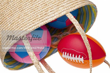 Beach Bag Full of Sporting Gear Isolated on White with a Clipping Path.