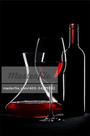 Red wine. Bottle, glass and decanter silhouette