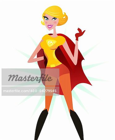 Sexy superwoman in red costume. She is strong and powerful. Vector Illustration of sexy super woman isolated on white background.