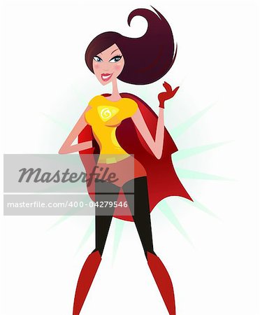 Sexy superhero in red costume. Superwoman in red cape - strong and powerful. Vector Illustration of sexy super woman isolated on white background.
