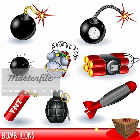 A collection of bomb icons, color illustration isolated on white background.