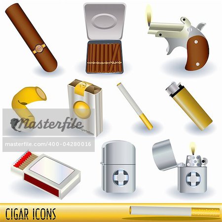 A collection of cigars, cigarettes and cigarette lighters, color illustrations isolated on white background.