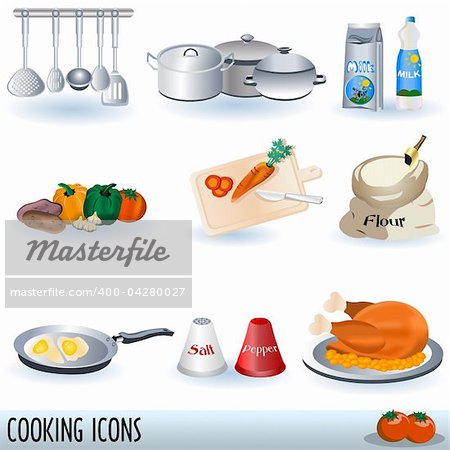 Vector illustration of nine colored cooking collection items.