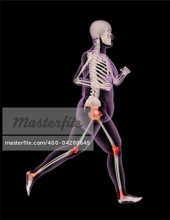 3D render of an overweight female skeleton running showing pressure points on joints