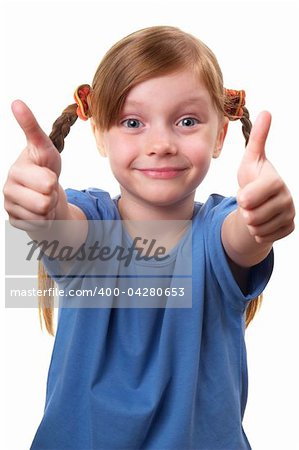 Funny smiling little girl portrait isolated over white background (little thumbs up)