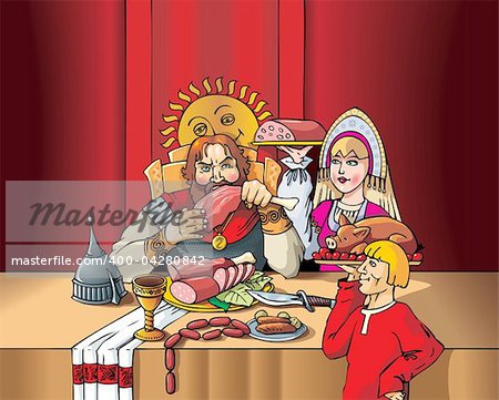 The Duke eating the meal during the feast, servants set the table, Middle Ages, medieval Russia, vector illustration