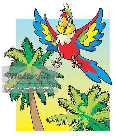 Bright colored parrot flying among the palm trees, cartoon vector illustration