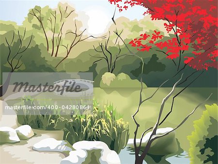 Nature park scenery in spring, small bridge on the pond, China, photo-realistic vector illustration