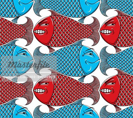 Fishes seamless background. Pattern. Emotions, characters, happy and angry. Yin yang.