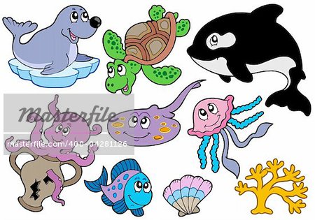Marine fishes and animals collection - vector illustration.