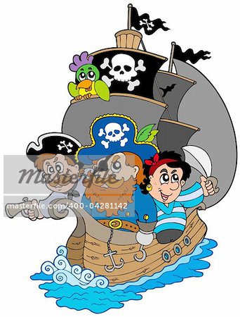 Ship with various cartoon pirates - vector illustration.