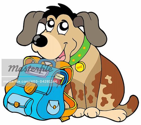 Sitting dog with school bag - vector illustration.