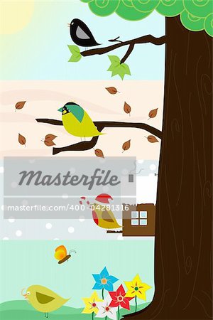 Four birds sitting in the same thee, through the four different season. Vector image