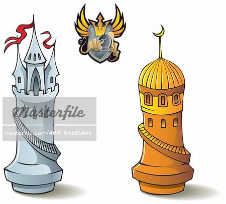 Chess pieces series, black and white rooks, Crusaders vs. Saracens, including bonus “Chess Battle” heraldic emblem, vector illustration