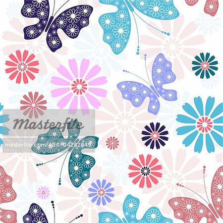 Pastel seamless floral pattern with butterflies and flowers (vector)