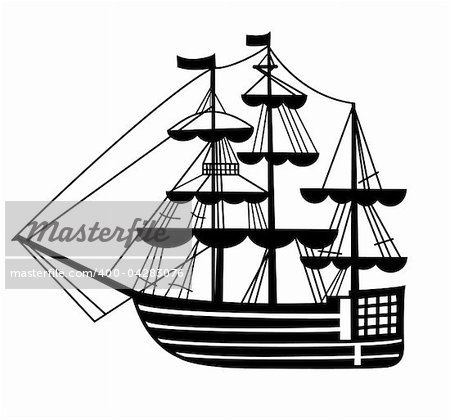 graphic sailing-ship pen drawing silhouette
