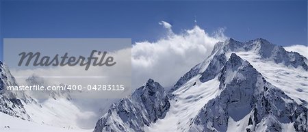 Panorama Caucasus Mountains. Ski resort Dombay. View from the ski slope.