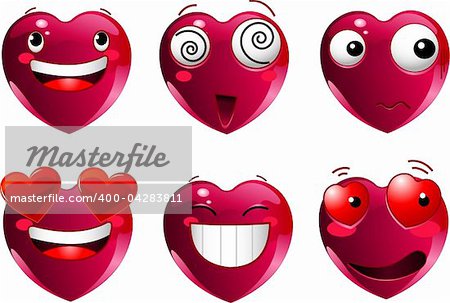 Set of heart shape emoticons with different faces, eyes, mouth and brushes