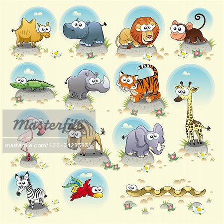 Savannah animals. Funny cartoon and vector characters. Isolated objects