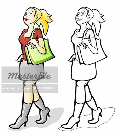 young girl walking with shopping bag vector illustration, isolated on white background
