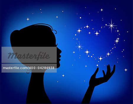beautiful woman silhouette with star heart