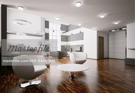 Interior of modern apartment living room kitchen hall 3d render