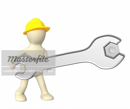 3d worker - puppet, twisting a nut. Isolated over white