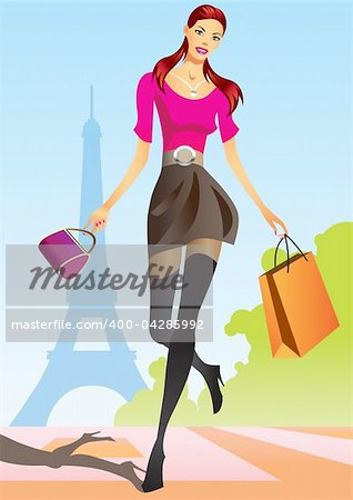 fashion shopping girls with shopping bag in Paris - vector illustration