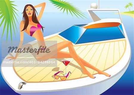 beautiful woman with bathing suit on the luxury yacht - vector illustration