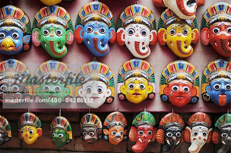 View of piles of colorful masks in Kathmandu Nepal